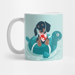 Summer pool pawty // aqua background dachshund dog breed in vacation playing on swimming pool Mug